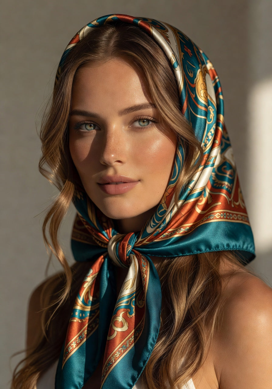 Pañuelo Seda Andina — silk scarf styled as headscarf, wrapped elegantly around hea